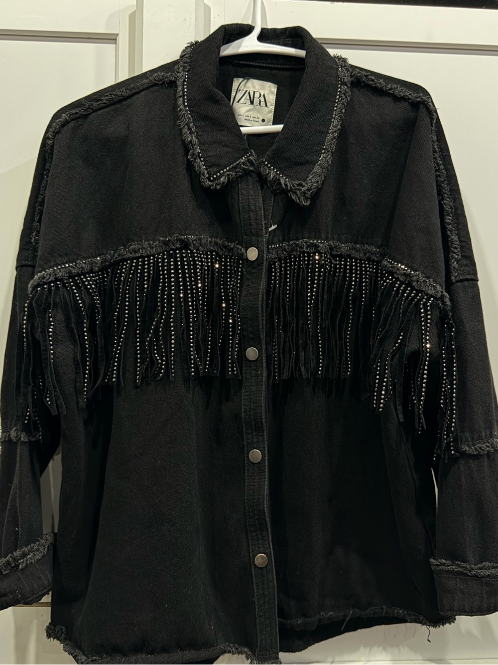 ZARA Black Fringe Snap-Front Jean Jacket